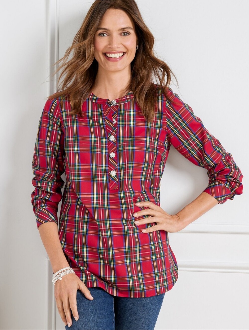 Talbots Non-Iron Band Collar Tunic Red Holiday Plaid Blouse Women's Size MEDIUM